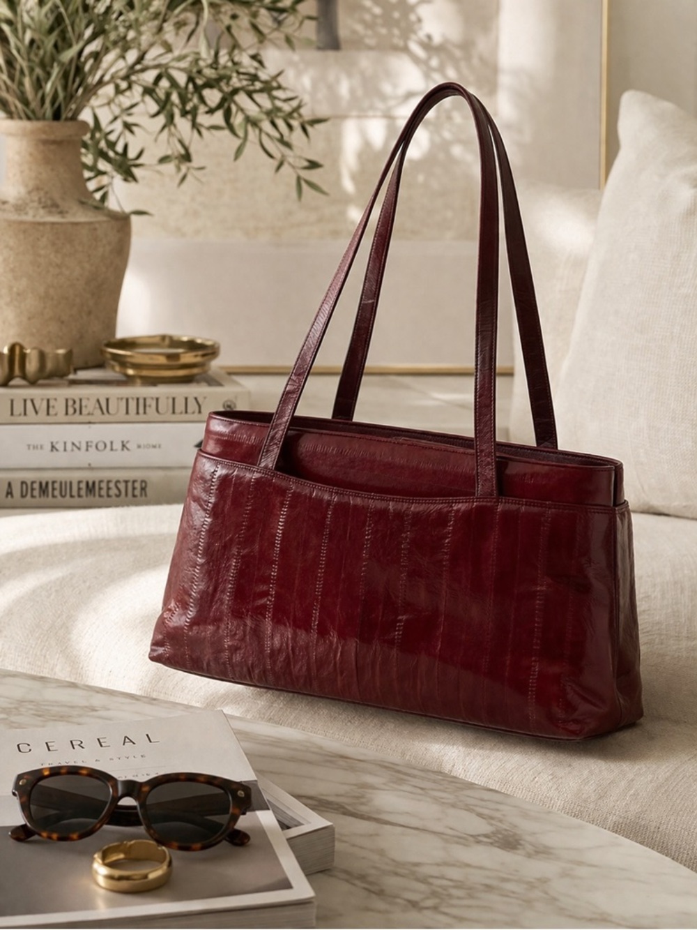 Vintage 90s Burgundy Sunco Korea Eel Skin Bag | Slim Minimalist Quiet Luxury - Picture 2 of 16